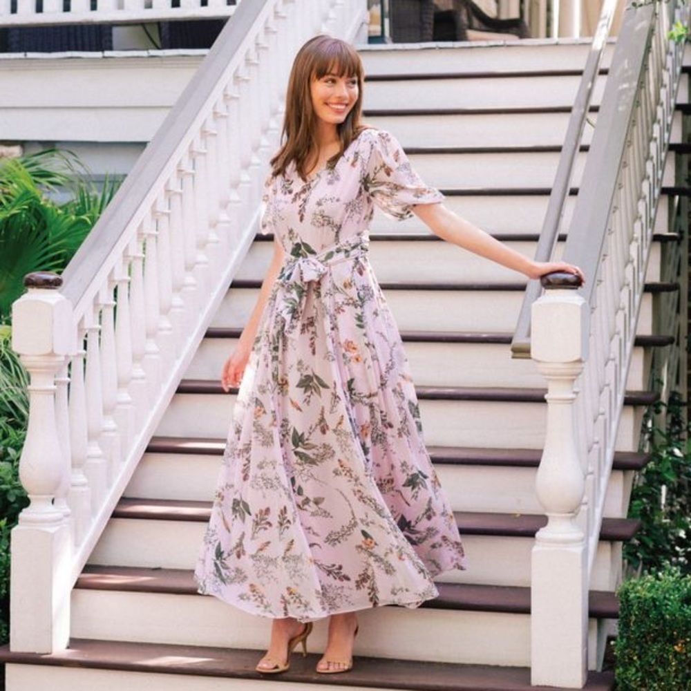 Gal Meets Glam Collection Phoebe Floral Puff Sleeve Chiffon Maxi Dress 8 NWOT